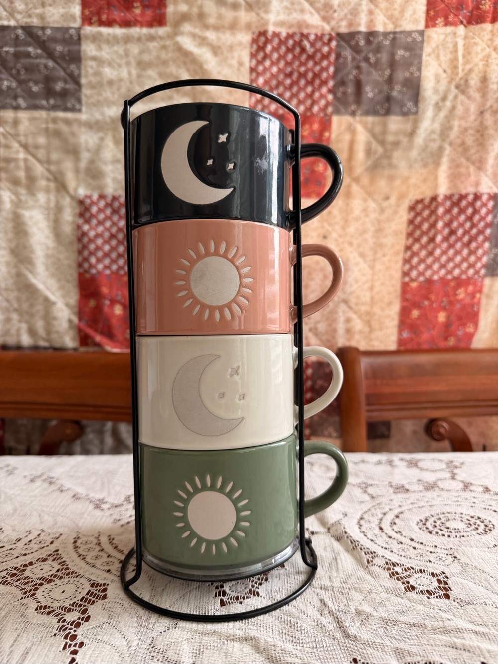 Stackable Moon & Sun Ceramic Mugs - Black, Dusty Pink, Cream, Sage Set